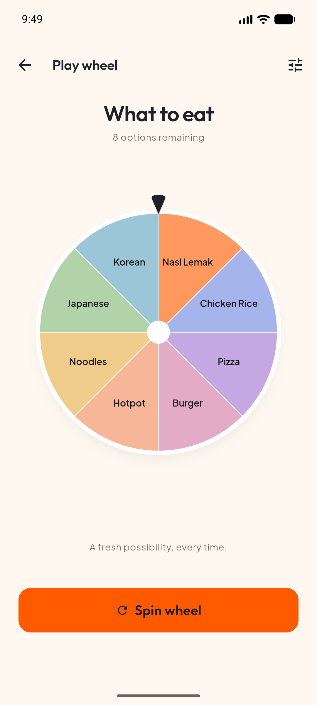 Any8 decision wheel with eight food options and a Spin wheel button